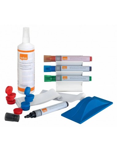 Nobo Kit de Usuario para Pizarra Blanca - Incluye Rotuladores-Borrador-Espray y Paño de Limpieza - Accesorios para