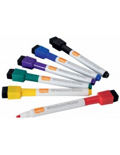 Nobo Mini Rotulador Pizarra Blanca con Tapa Borrador Magnetica - 6 Colores Surtidos - Punta Fina 2mm - Destaca en Pizarras
