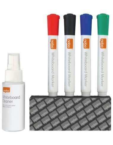 Nobo Kit Basico Accesorios Pizarra Blanca Borrado Seco - 4 Rotuladores Pizarra - Borrador Pizarra - Spray Limpiador 50Ml -
