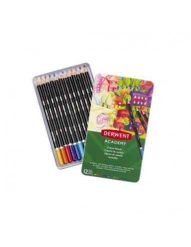 Derwent Academy Lata de 12 Lapices de Colores de Gran Calidad - Transferencia de Color Perfecta - Cuerpos de Madera Natural -