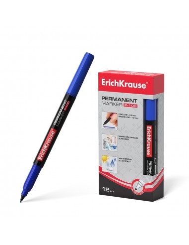 Erichkrause Marcador Permanente P-100 - Punta Fina Resistente al Daño - Tinta a Base de Alcohol - Color Azul