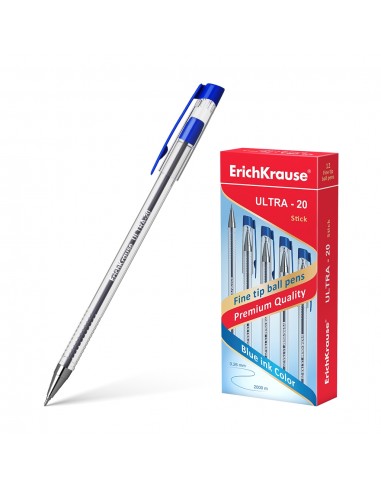 Erichkrause Boligrafo Ultra-20 - Punta Metalica de Tipo Aguja - Cuerpo Redondo Transparente con Grip - Tinta de Baja