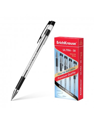 Erichkrause Boligrafo Ultra-30 - Recargable con Punta Fina Fine Tip - Cuerpo Transparente con Agarre de Goma - Tinta Color