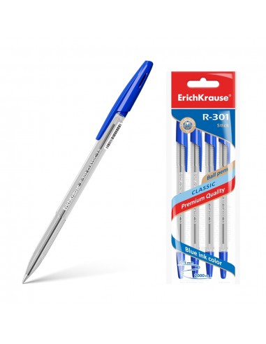 Erichkrause Pack de 4 Boligrafos R-301 Classic Stick 1.0 - Cuerpo Transparente Hexagonal - Punta de 1.0mm - Tinta de Secado