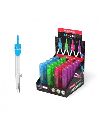 Erichkrause Compas de Metal School 120mm - Radio Maximo 18 cm - Estuche de Plastico con Regla Incluida - Colores Neon - Caja