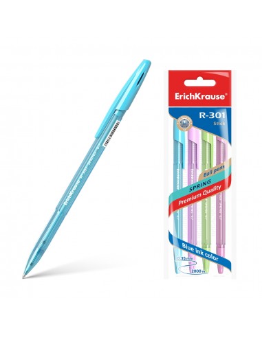 Erichkrause Pack de 4 Boligrafos R-301 Spring Stick 0.7 - Cuerpo Hexagonal Translucido - Tinta de Secado Rapido - Color Azul