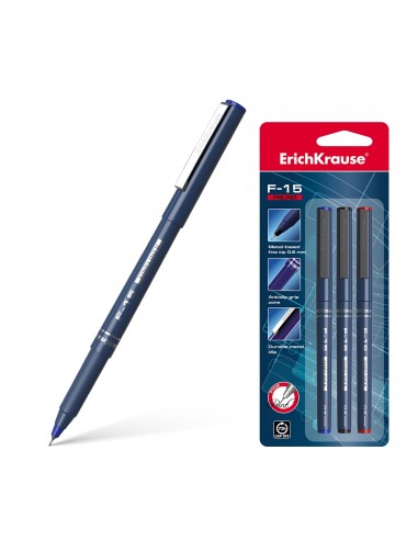 Erichkrause Pack de 3 Boligrafos F-15 - Trazo Fino de 06mm - Tinta en Colores Azul-Negro y Rojo - Color Del Cuerpo Opaco