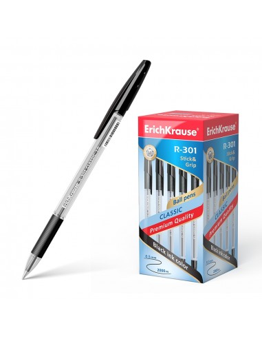 Erichkrause Boligrafo R-301 Classic Stick&Grip 1.0 - Cuerpo Transparente Hexagonal - Zona de Agarre de Goma - Capuchon
