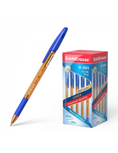 Erichkrause Boligrafo R-301 Amber Stick&Grip 0.7 - Cuerpo Hexagonal Translucido - Zona de Agarre de Goma - Punta de 0.7mm -
