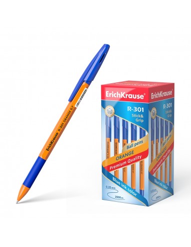 Erichkrause Boligrafo R-301 Stick&Grip - Cuerpo Hexagonal Naranja - Punta de 0.7mm - Tinta de Secado Rapido - Color Azul