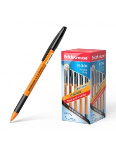 Erichkrause Boligrafo R-301 Stick&Grip 0.7 - Cuerpo Naranja con Agarre de Goma - Tinta de Secado Rapido - Color Negro
