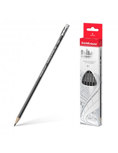 Erichkrause Megapolis HB - Lapiz de Grafito Triangular con Goma de Borrar - Madera Seleccionada - Dureza HB - Resistente al