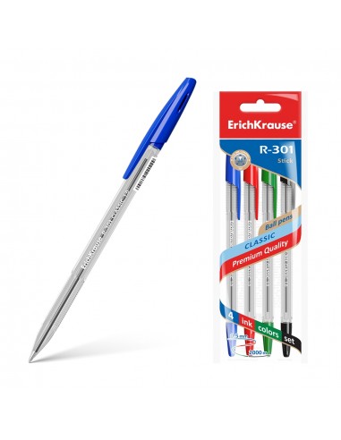Erichkrause Pack de 4 Boligrafos R-301 Classic Stick 1.0 - Cuerpo Transparente Hexagonal - Punta de 1.0mm - Tinta de Secado