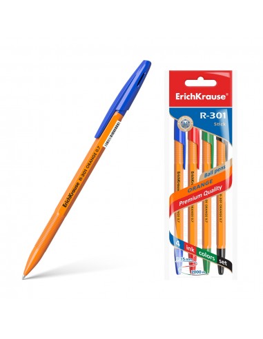 Erichkrause Pack de 4 Boligrafos R-301 Naranja Stick 0.7 - Cuerpo Hexagonal Opaco - Punta de 0.7mm - Tinta de Secado Rapido -