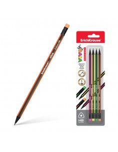 Erichkrause Vivo HB - Pack de 4 Lapices de Grafito Triangular con Goma de Borrar - Madera Seleccionada - Dureza HB -