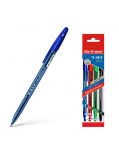 Erichkrause Pack de 4 Boligrafos R-301 Original Stick 07 - Punta de 07mm - Tinta de Secado Rapido - Cuerpo Hexagonal con Grip