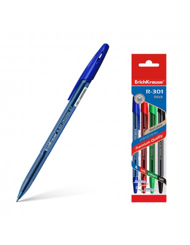 Erichkrause Pack de 4 Boligrafos R-301 Original Stick 07 - Punta de 07mm - Tinta de Secado Rapido - Cuerpo Hexagonal con Grip