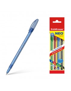 Erichkrause Pack de 4 Boligrafos Neo Original - Punta de Aguja Sofisticada Fine Tip - Cuerpo Redondo Translucido Mate - Tinta