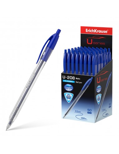 Erichkrause Boligrafo Automatico U-208 Classic Matic - Ultra Glide Technology - Cuerpo Transparente con Grip - Color Azul
