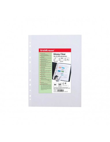 Erichkrause Pack de Fundas 100 Protectoras Glossy Clear - Grosor 100cm - Tamaño A4 - Transparente