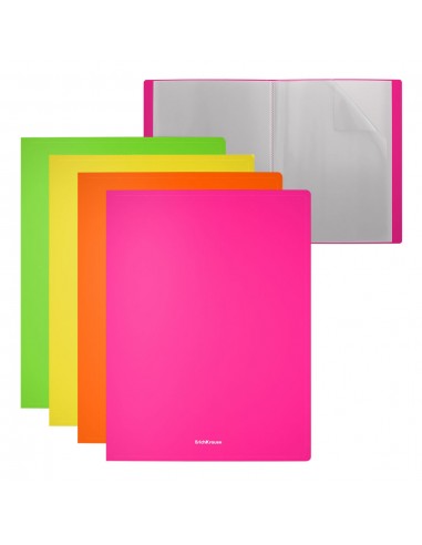 Erichkrause Pack de 4 Carpetas con Fundas Matt Neon - 40 Fundas - Tamaño A4 - Surtido Colores (4 pcs en Bolsa) - Colores