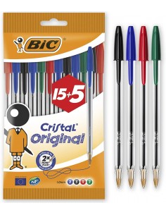 Bic Cristal Original 15 5 Pack de 20 Boligrafos de Bola - Punta Redonda de 1.0mm - Trazo 0.4mm - Tinta con Base de Aceite -