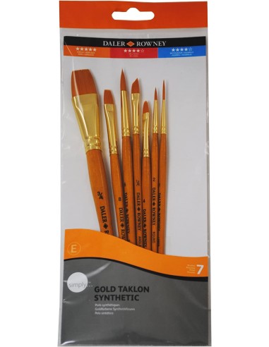 Daler Rowney Simply Pack de 7 Pinceles Sinteticos - Diseño Ergonomico - Oro Taklon - Color Naranja