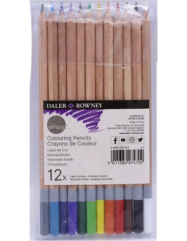 Daler Rowney Simply Pack de 12 Lapices de Colores Redondos - Facil de Afilar - Para Estudiantes y Uso Domestico - Colores