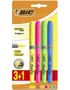 Bic Highlighter Grip Pack de 4 Marcadores Fluorescentes - Tinta con Base de Agua - Punta Biselada - Trazo entre 1.60 y 3.30mm