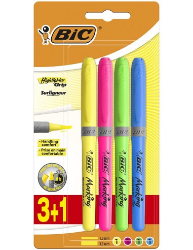 Bic Highlighter Grip Pack de 4 Marcadores Fluorescentes - Tinta con Base de Agua - Punta Biselada - Trazo entre 1.60 y 3.30mm