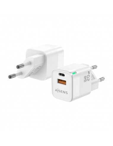 Aisens Cargador GAN 20W - 1xUSB-C PD3.0 QC4.0 - 1xUSB-A QC3.0 - Color Blanco