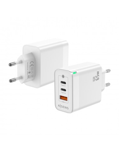 Aisens Cargador GAN 65W - 2xUSB-C PD3.0 QC4.0 - 1xUSB-A QC3.0 - Color Blanco