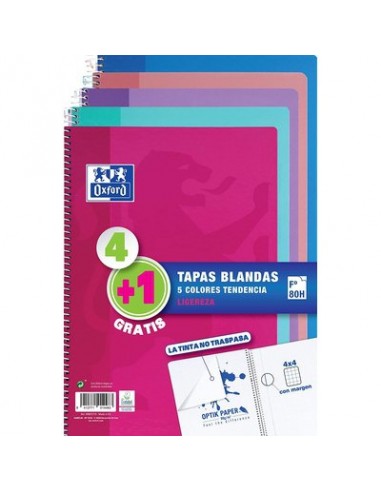 Oxford Pack 4 1 Cuadernos Espiral Formato Folio Cuadriculado 4x4mm - 80 Hojas - Tapa Blanda - Colores Tendencia Surtidos
