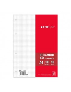 Enri Plus Recambio Formato A4 - Cuadriculado 4x4mm 4 Taladros - 100 Hojas 90gr con Margen