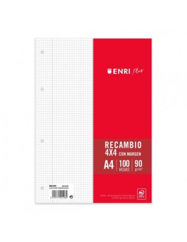 Enri Plus Recambio Formato A4 - Cuadriculado 4x4mm 4 Taladros - 100 Hojas 90gr con Margen