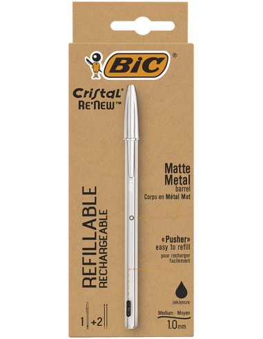 Bic Cristal Re´new Pack de Boligrafo Recargable de Bola-2 Recambios - Punta Redonda de 1.0mm - Trazo 0.32mm - Tinta con