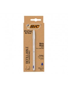 Bic Cristal Re´new Pack de Boligrafo Recargable de Bola-2 Recambios - Punta Redonda de 1.0mm - Trazo 0.32mm - Tinta con
