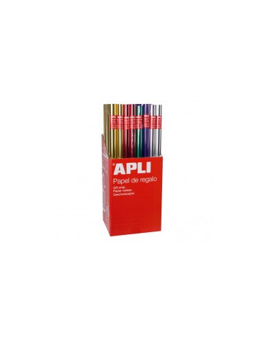 Apli Expositor de 55 Rollos de Papel Regalo Metalizado - 11 Rollos por Color - Medidas del Rollo 0.70x2m - Colores Lila-Oro