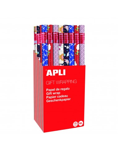 Apli Expositor de 55 Rollos de Papel Regalo Infantil - 11 Rollos por Color - Medidas del Rollo 0.70x2m - 5 Diseños