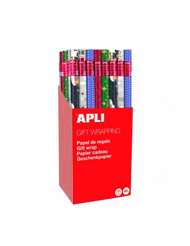 Apli Expositor de 55 Rollos de Papel Regalo Navidad - 11 Rollos por Color - Medidas del Rollo 0.70x2m - 5 Diseños