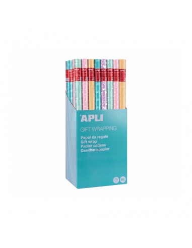 Apli Expositor de 55 Rollos de Papel Regalo Nordik Fun - 11 Rollos por Color - Medidas del Rollo 0.70x2m - 5 Diseños