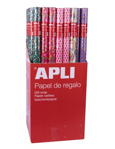 Apli Expositor de 55 Rollos de Papel Regalo Tendance - 11 Rollos por Color - Medidas del Rollo 0.70x2m - 5 Diseños