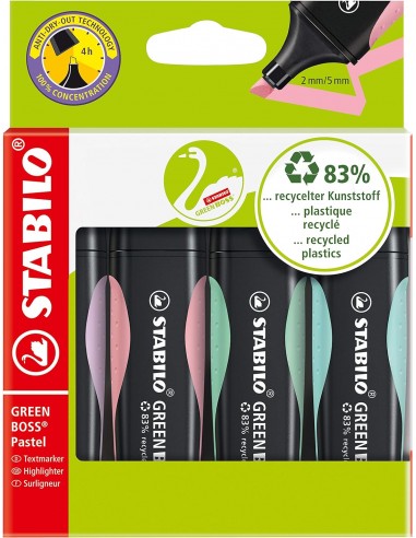 Stabilo Green Boss Pastel Pack de 4 Marcadores Fluorescentes - Fabricado con un 83-de Plastico Reciclado - Trazo entre 2 y
