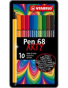 Stabilo Pen 68 Arty Caja Metalica de 10 Rotuladores - Punta de Fibra - Trazo de 1mm aprox. - Tinta a Base de Agua - Capuchon