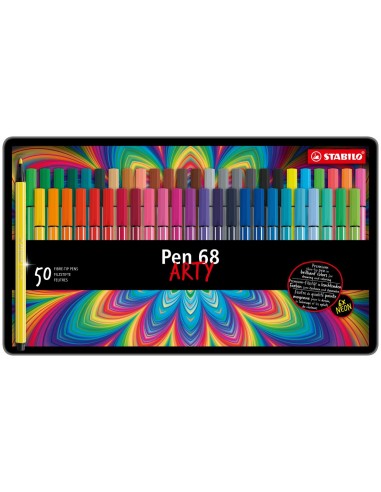 Stabilo Pen 68 Arty Caja Metalica de 50 Rotuladores - Punta de Fibra - Trazo de 1mm aprox. - Tinta a Base de Agua - Capuchon