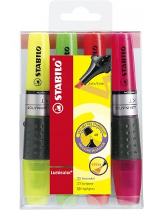 Stabilo Iluminator Pack de 4 Marcadores Fluorescentes - Mayor Suministro de Tinta - Zona de Agarre - Trazo entre 2 y 5mm -