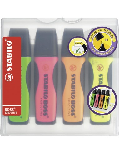 Stabilo Boss Executive Pack de 4 Marcadores Fluorescentes - Zona de Agarre - Trazo entre 2 y 5mm - Recargable - Tinta con
