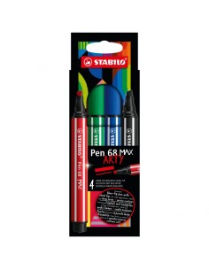 Stabilo Pen 68 MAX Arty Pack de 4 Rotuladores - Punta de Fibra Biselada - Trazo entre 1-5mm aprox. - Tinta a Base de Agua -