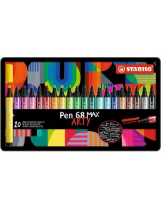 Stabilo Pen 68 MAX Arty Caja Metalica de 20 Rotuladores - Punta de Fibra Biselada - Trazo entre 1-5mm aprox. - Tinta a Base
