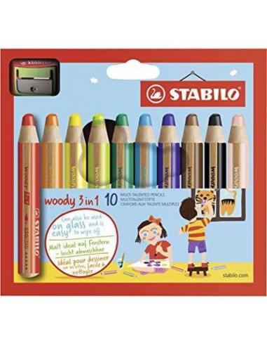 Stabilo Woddy 3 en 1 Pack de 10 Lapices de Colores-Sacapuntas - Lapiz de Color-Cera y Acuarela-Todo en Uno - Mina XXL